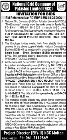 National Grid Company of Pakistan Limited Multan Tender Notice